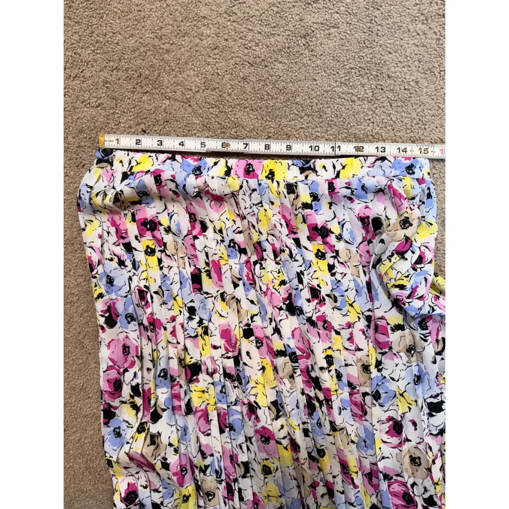 Womens DANA BUCHMAN Midi Skirt L White Floral Pleated Romantic Breezy Artsy Airy